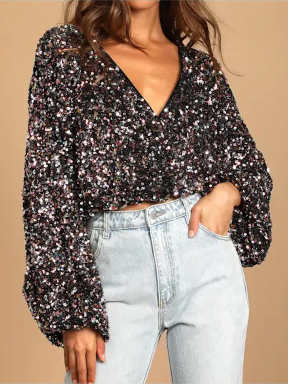Small Pink Multi Sequin Long Sleeve Crop Top